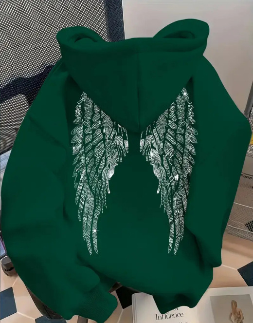 Women's Clothing Trendy Simple Design Wing Print Sweatshirt Casual Loose Sweatshirt Pullover Jacket_ecoleips.com