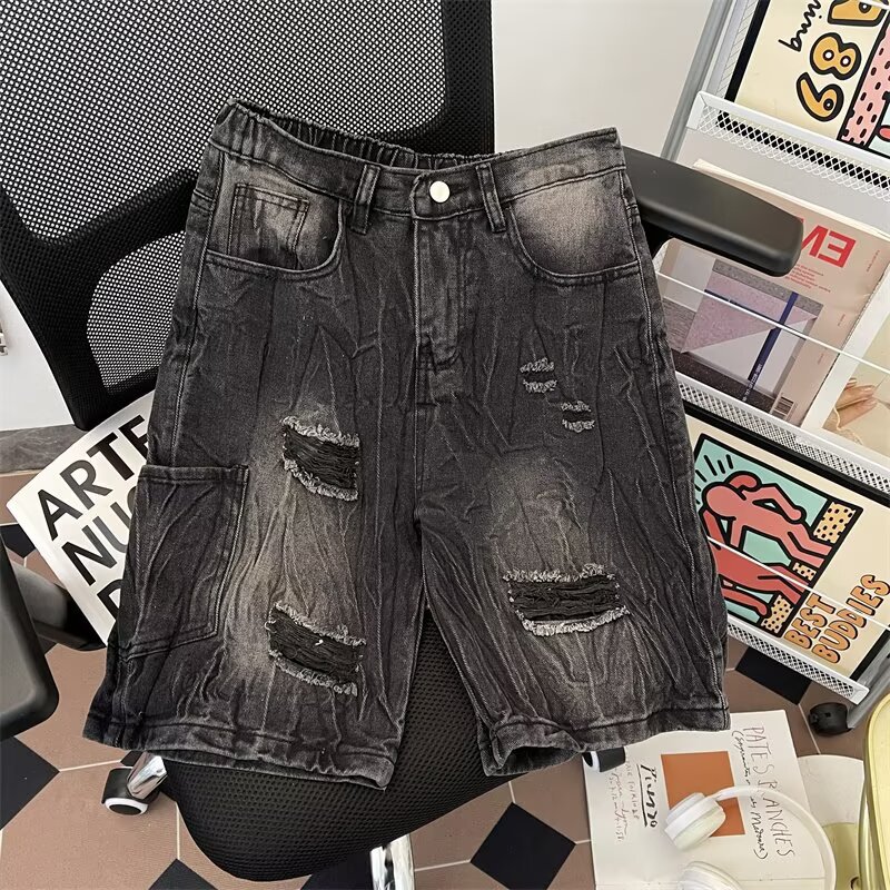Men's Trendy Distressed Denim Shorts Summer Loose Fitting Washed Five Quarter Length Pants Street Style Trousers_mkmklike.com