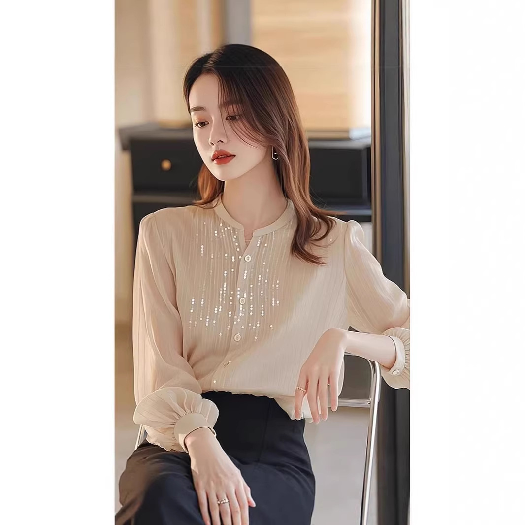 Áo sơ mi nữ dài tay chất liệu lụa trắng phối sequin kiểu Pháp — màu mơ chi tiết 1