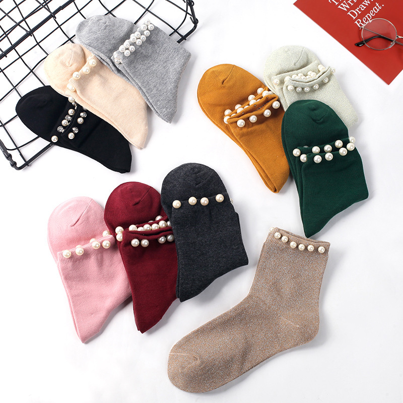 Pearl socks women's candy-colored Korean-style Pearl socks one bead one diamond mid-calf bright silk campus style student Pearl cotton socks