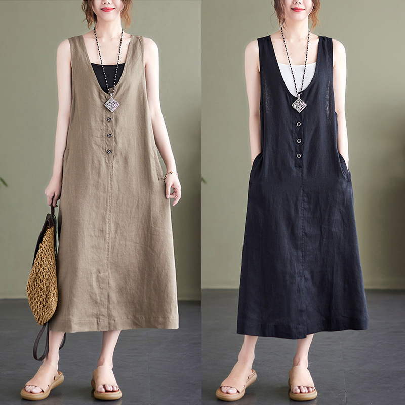Real Shot of 2025 Summer New Style Literary Loose Pure Color Cotton and Linen V Neck Sleeveless Dress for Women Mid-Length 9292 # Real Shot of 2025 Summer New Style Literary Loose Pure Color Cotton and Linen V Neck Sleeveless Dress for Women Mid-Length 9292 #