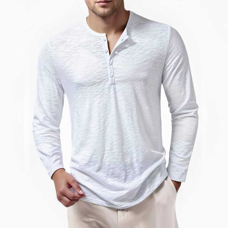 Men's Bamboo-Cotton Henley Neck Polo Shirt Long Sleeve Breathable Relaxed Fit Tops & Tees in White Black Wine Khaki Army Green Sizes S-2XL_voghion.com