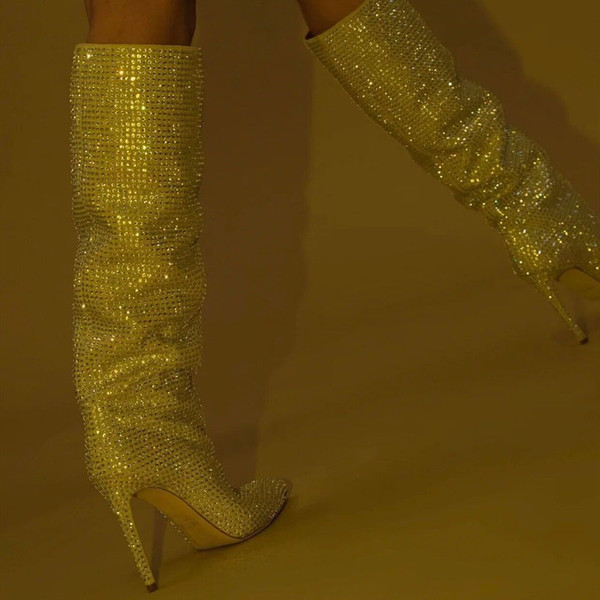 fashionable women's high boots heels with rhinestones pointed-toe