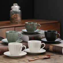 日式陶瓷杯碟纯色窑变茶杯商用咖啡杯碟陶瓷简约条纹杯外贸跨境