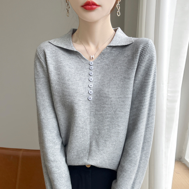 Cross-Border 2025 Autumn and Winter Andy Velvet Lapel Polo Knitted Bottoming Sweater New Thin Threaded Loose Sweater for Women