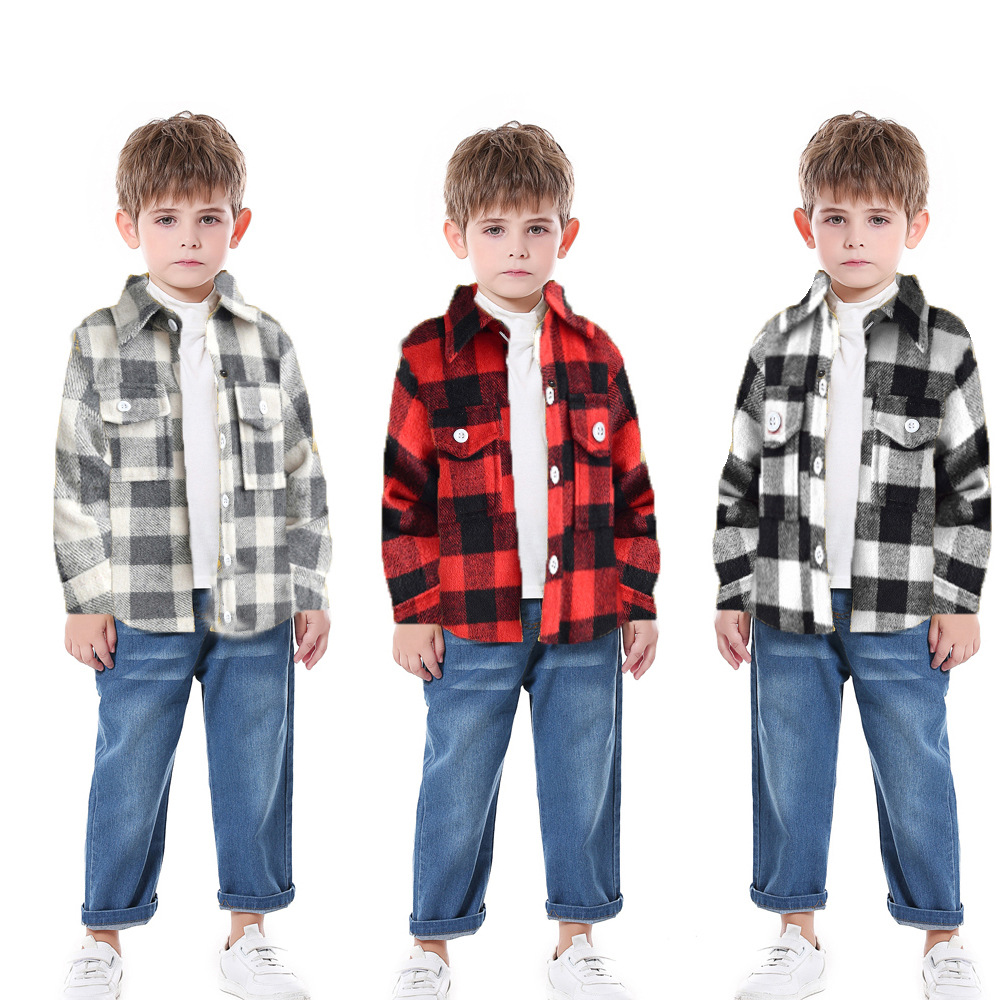 Comercio exterior ropa infantil de otoño manga larga sola sola camisa de botón cuadrado primavera multicolor abrasión abrigo infantil casual