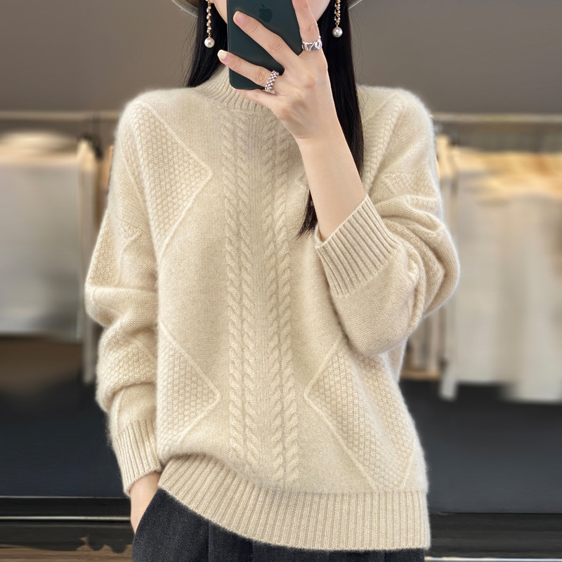 Half-Turtleneck 100% Pure Wool Sweater for Women, Loose Fit, Cable Knit, Long Sleeve, Winter Cashmere Sweater, Fine Wool