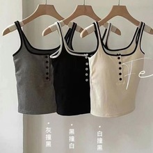 8186#秋冬磨毛固定杯撞色中长款背心 秋冬辣妹百搭纽扣保暖内衣女