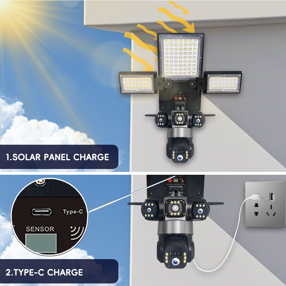 Fabrika Toptan Açık Hava Su Geçirmez Güvenlik İzleme 4G Üç Ekran Akıllı Uzaktan Kumanda Sokak Lambası Güneş Enerjili Kamera Dış Mekan