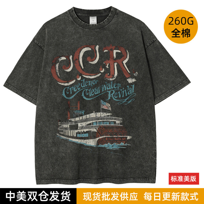 Distressed Washed Cotton 230g Cross-Border Popular Retro Ccr Cruise Print 260g Pure Cotton Washed Short-Sleeved Loose t