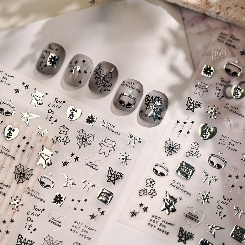 Tiesu Sweet Cool Stylish Black Silver Butterfly Nail Art Sticker M1258 Dark Cross Star Checkerboard Nail Sticker