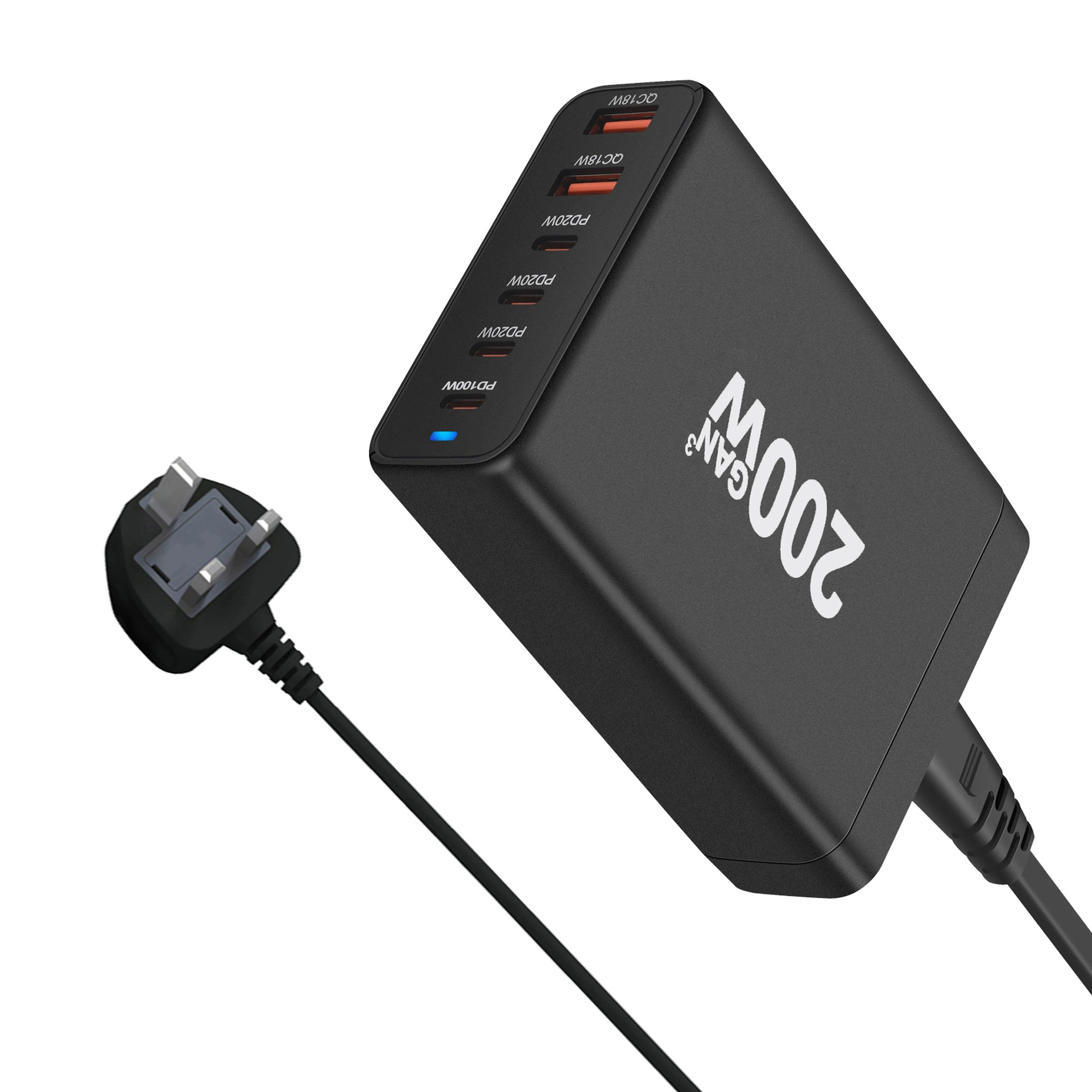 Зарядное устройство GaN на 200W, многоразъемное PD/QC USB-C & USB-A, сменные-plug варианты (US/EU/UK/AU)