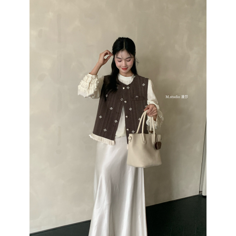MSTUDIO漫莎-巴洛克时兴刺绣暗条纹拼花边设计感马甲7597|undefined