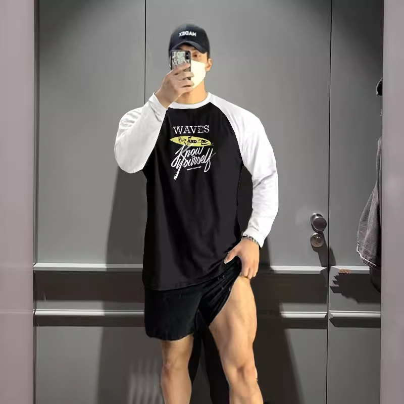 MCPW 秋季拼色美式潮牌宽松健身衣服长袖训练T恤男吸汗231224F