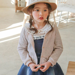 2024春款新品韓國兒童女孩洋氣圓領蕾絲花邊針織開衫外套