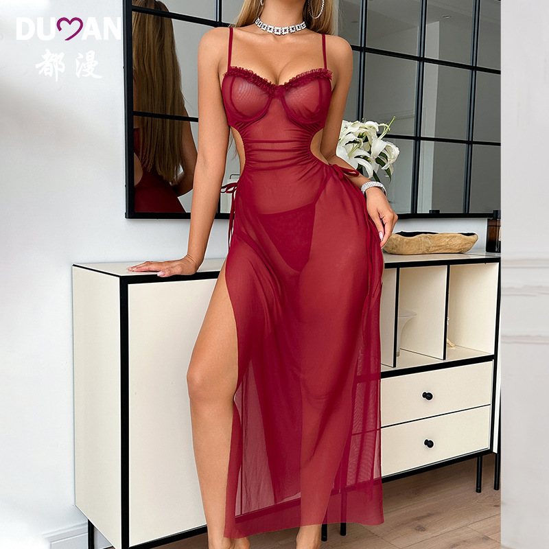 Romantic Wine Red Sexy Suspender Nightgown, Tempting High Slit Mesh Date Shirt, Sexy See-Through Pajamas Wholesale