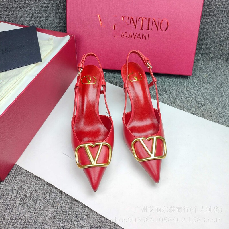 V-Brand High Heels, Sexy Women's Shoes, Professional Metal V-Buckle Pointed Toe Pumps, Shallow Mouth Sweet Stiletto Sandals, Women's Ol Style