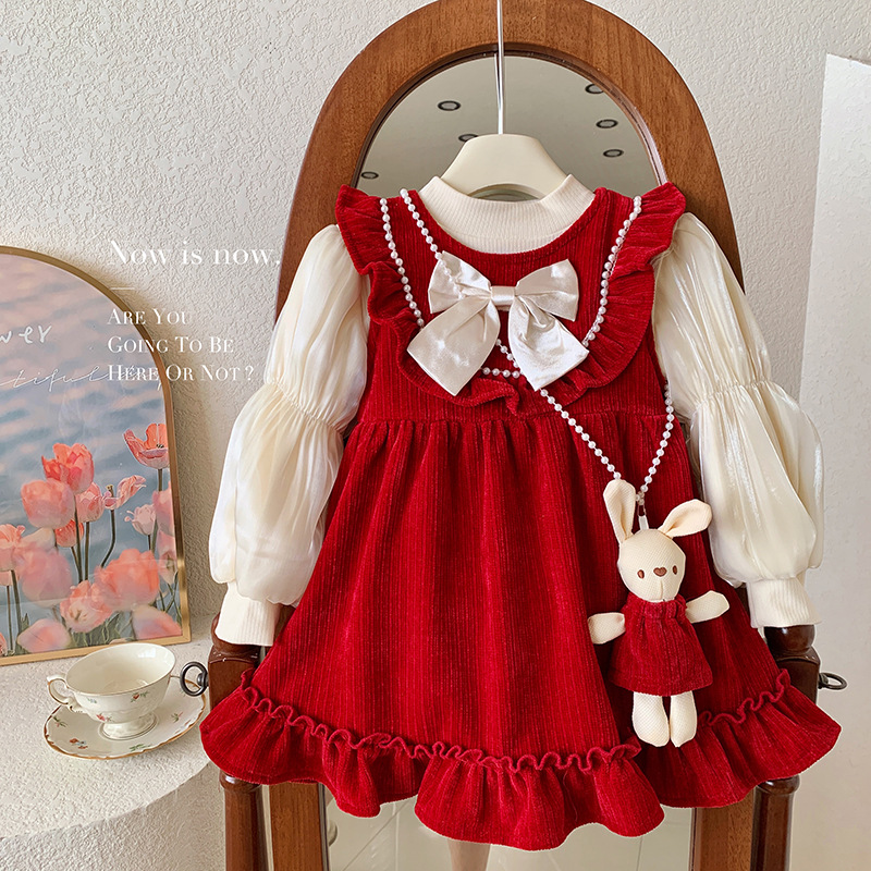 Niñas otoño e invierno conejo colgante traje de base forrado de lana bebé niñas estilo occidental dulce princesa vestido de lana forrado de dos piezas traje de moda
