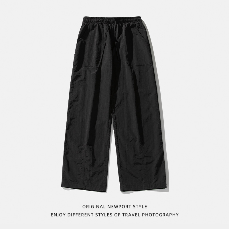 Hanlu ropa de trabajo ligeramente arrugada para hombres pantalones casuales primavera nuevas parejas sueltas y anchas pantalones rectos con cordón q