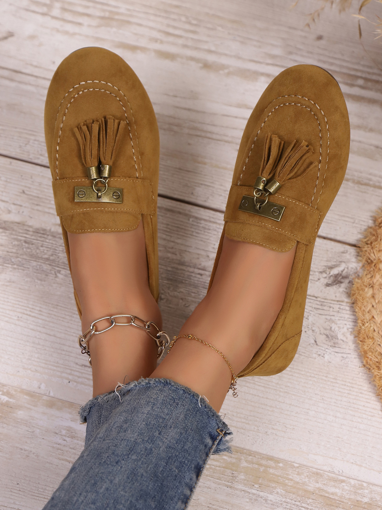 Bequeme Damen Wildleder Slipper Freizeitschuhe Mit Quasten Dekor_voghion.com