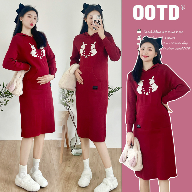 2024 Autumn and Winter Korean Style Lazy Style Christmas Age-reducing Hooded Knitted Maternity Thickened Sweater Dress