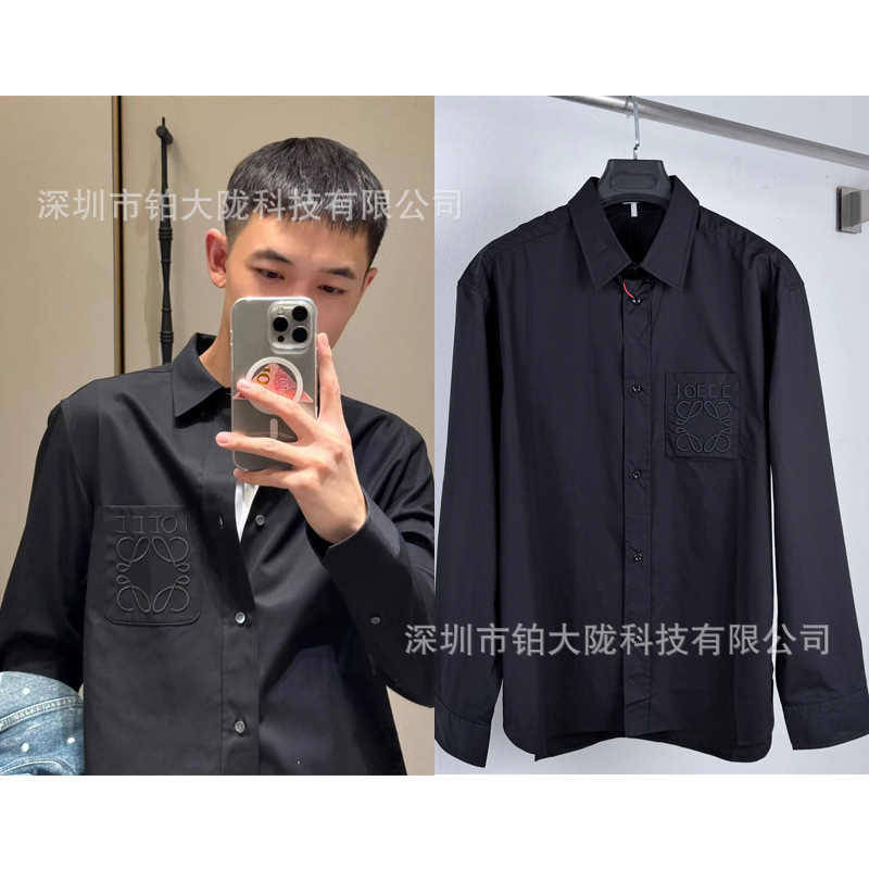Directly supplied from Nanyou, Luo Jia Classic LO embroidered letter pocket lapel shirt, unisex, loose fit, long sleeve, cross-border Directly supplied from Nanyou, Luo Jia Classic LO embroidered letter pocket lapel shirt, unisex, loose fit, long sleeve, cross-border