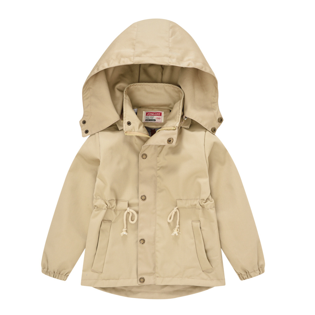 Children's Spring and Autumn New Arrival Coat with Detachable Belt and Adjustable Hood, Side Pockets, Solid Color, British Style