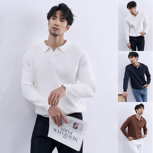 Spring and Autumn New POLO Shirt Collar Long Sleeve Knitted Sweater Men Light Mature Tapered Business Trend Import and Export Cross-border Wholesale