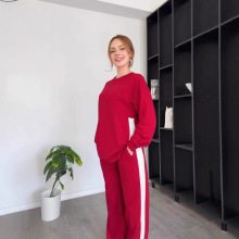 欧美跨境新款撞色女装秋冬款休闲运动拼色长裤长袖上衣两件套装