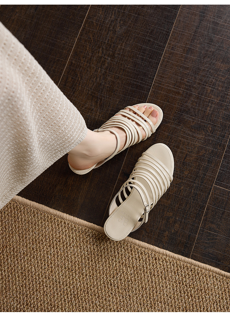 Dép sandal nữ quai chữ V đế bệt dây da bò phong cách La Mã — màu nâu chi tiết 8