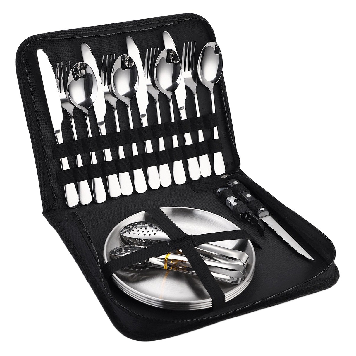 Amazon cuchillo de acero inoxidable, tenedor y cuchara Oro 4-Persona portátil acampar al aire libre barbacoa placa vajilla 20 unidades traje