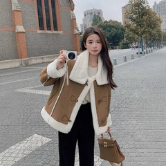 韩系皮毛一体羊羔毛绒外套女秋冬短款小个子加绒加厚麂皮绒机车服