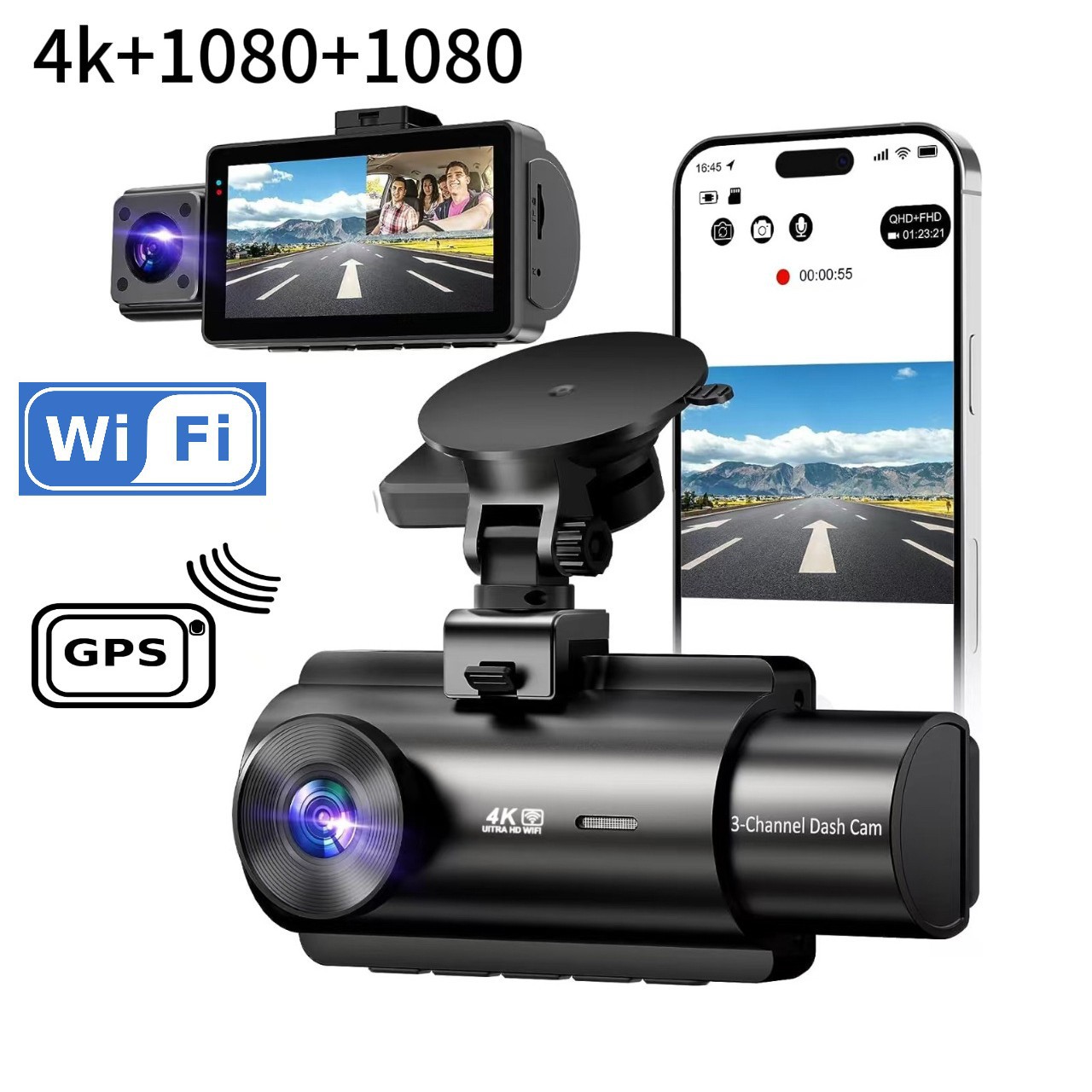 J08 hd 2k + 1080p + 1080p3録画同顕3レンズwifi + gpsスタンドhdドライブレコーダー