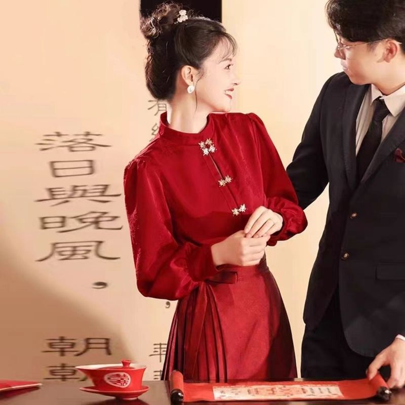 大码胖mm红色马面裙敬酒服秋冬加绒厚新娘中式订婚礼服套装200斤|undefined