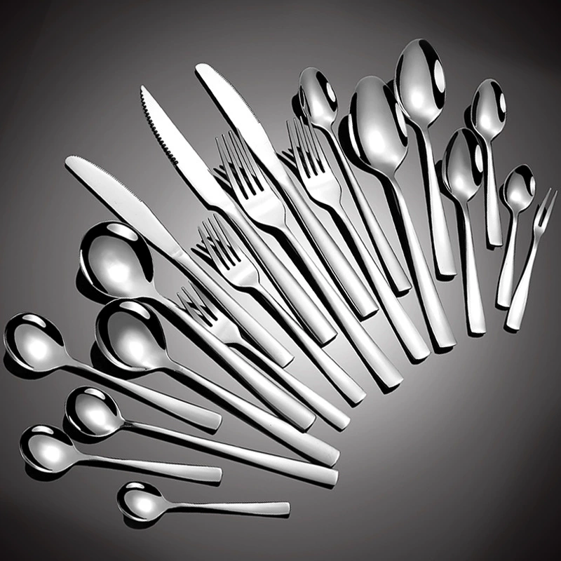 Набор столовых приборов для международного рынка с квадратными ручками, из нержавеющей стали, включая ножи и вилки для стейков в западном стиле для отелей, а также утолщенные ножи, вилки и ложки для домашнего использования.