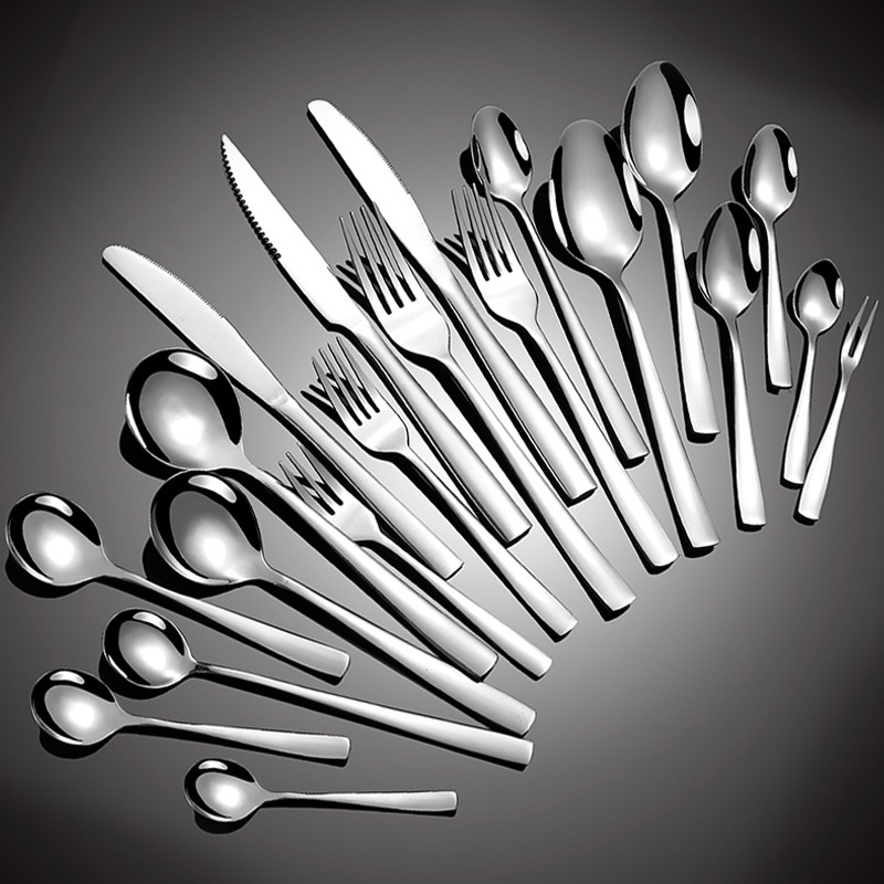 Cross-Border Stainless Steel Cutlery Steak Knife and Fork Set with Square Handle, Household Spoon and Fork, Hotel Western-Style Knife, Fork, and Spoon, Thickened