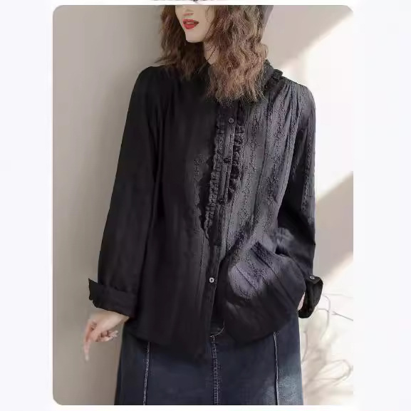 森女系重工刺绣上衣气质绣花衬衣2025秋季新款文艺木耳领棉衬衫