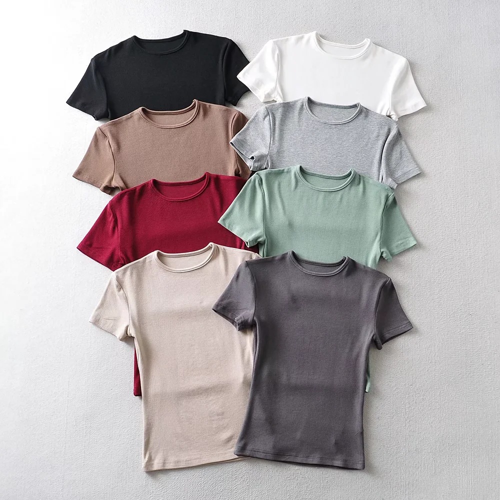 Cross-Border European and American Clothing Pure Color Round Neck Pullover Short-Sleeved T-Shirt for Women Slimming Look Simple Retro Style Short Top