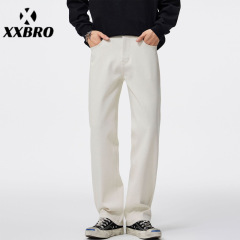 xxbro男装#cleanfit美式vibe高街微喇白色牛仔裤男修身直筒休闲裤