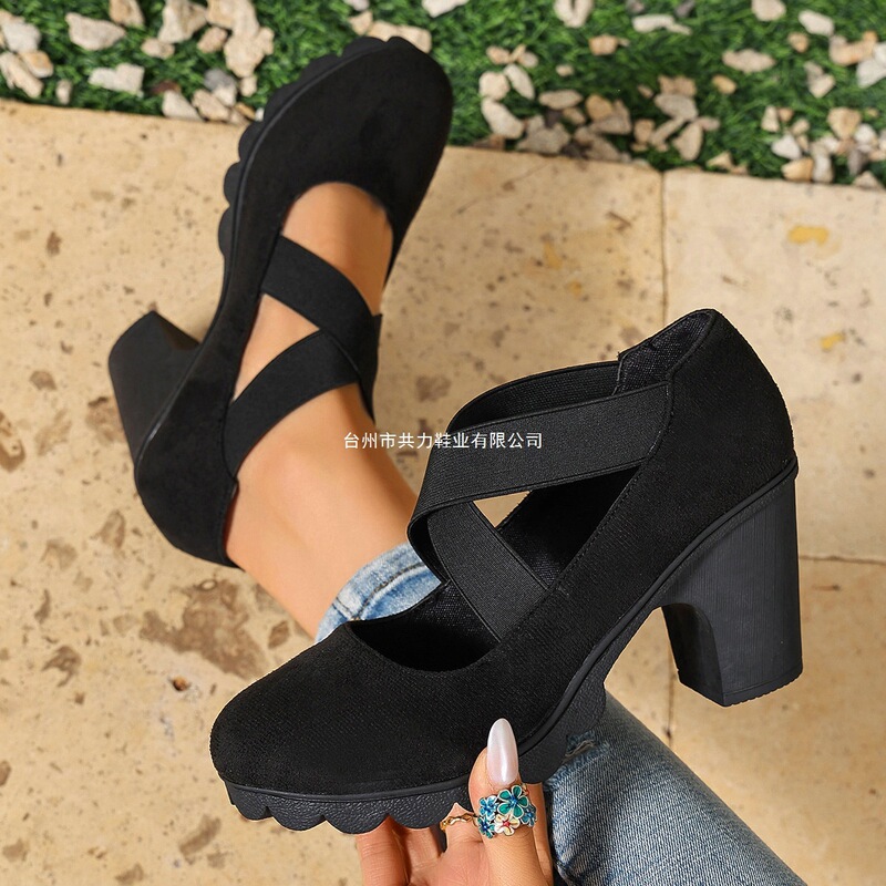 Plus-size vintage cross-strap chunky heel women's shoes, round toe, non-slip, thick-soled high heels, European and American style single shoes, wholesale on Amazon