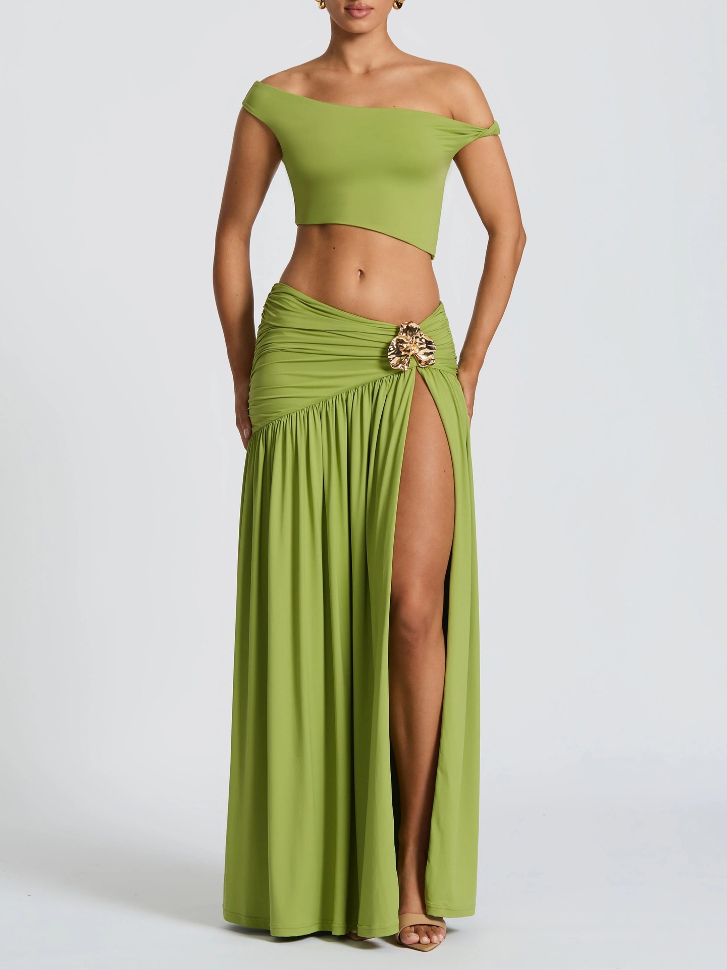 Women Sexy One Shoulder Off Shoulder Crop Top High Waist Slit Tucked Midi Skirt Two Piece Dress Set Ladies Party Outfit_ecoleips.com