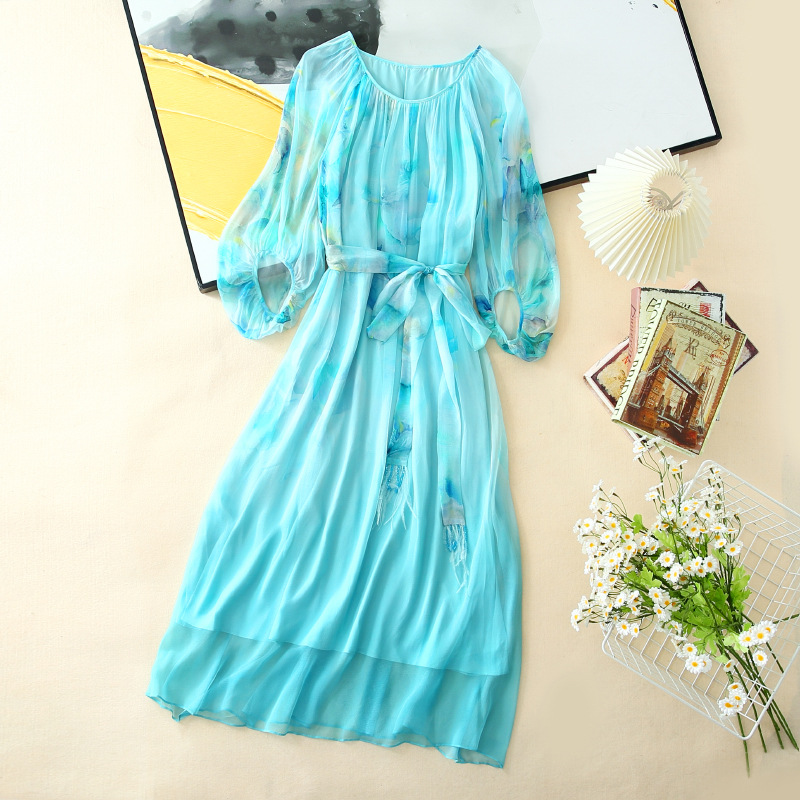 Spring And Summer Silk Mulberry Silk Dress Women's Chinese Style Literary Temperament Waist Slimming High-end Light Luxury