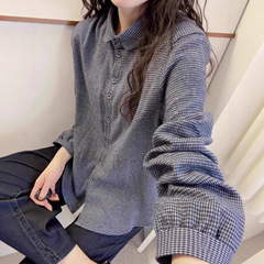 法式小格子长袖衬衫女春秋新款小个子复古灯笼袖翻领开衫衬衣上衣
