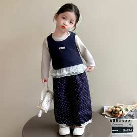 女小童套装秋2025新款韩版拼接马甲长袖打底衫女宝宝秋装波点裤