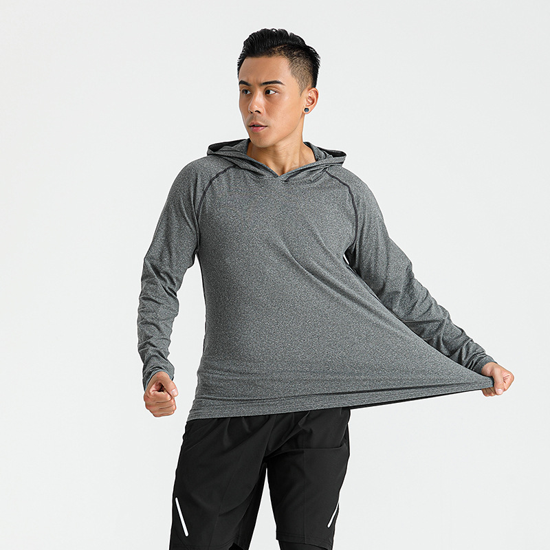 Otoño e Invierno Camiseta deportiva de manga larga Entrenamiento de fitness para hombres con capucha delgada de secado rápido transpirable estiramiento casual camiseta hombres