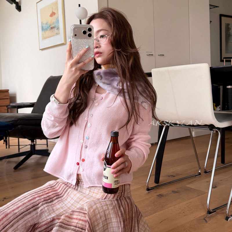 Akskylan Korean-Style Gentle Color-Buttoned Wool Cashmere Knit Cardigan + Soft Camisole Two-Piece Set for Women