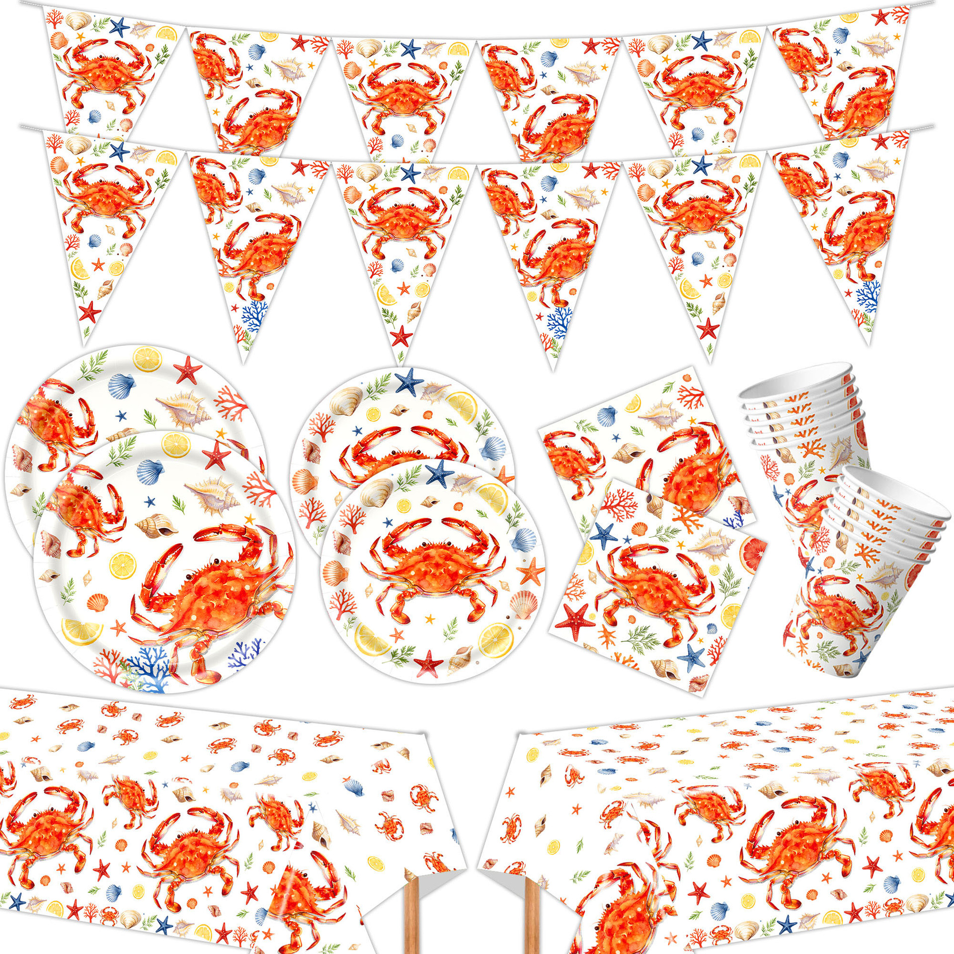 亚马逊新款夏季螃蟹主题一次性纸盘纸杯纸巾桌布横幅拉旗餐具套装
