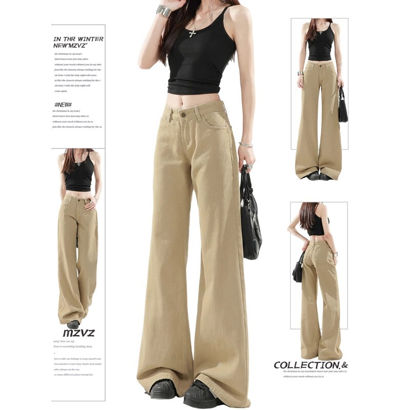 Khaki Flared Jeans for Women, Winter 2025 Trendy Versatile New Style, Non-Tight Wide-Leg Bell-Bottom Pants