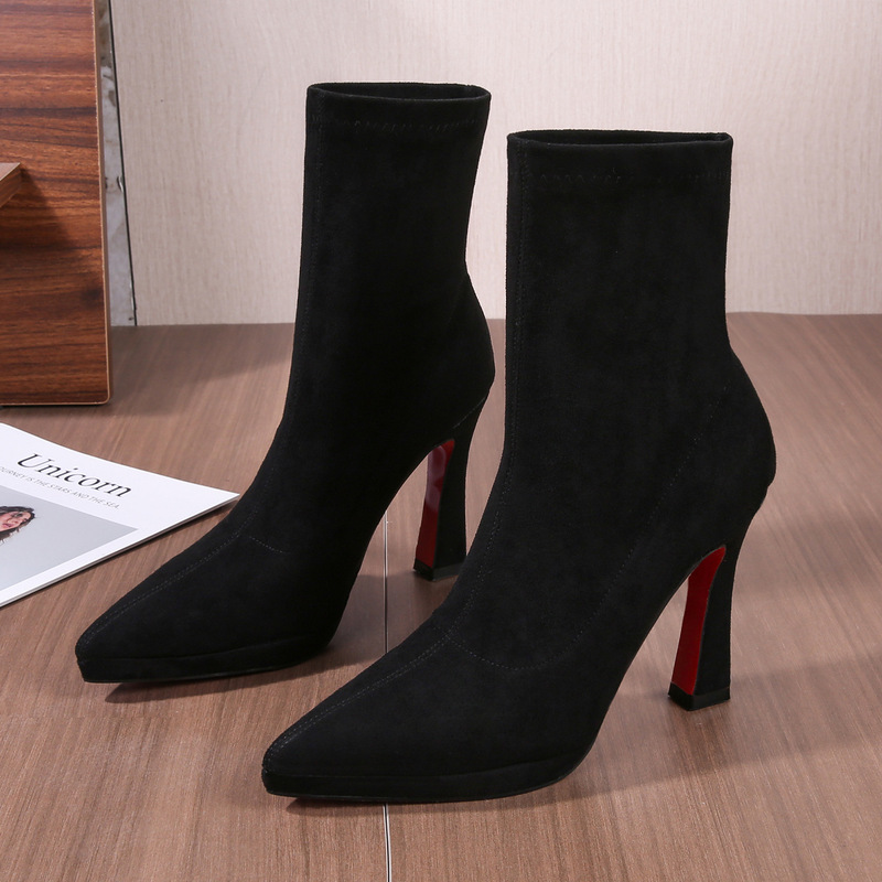 Genuine leather version, 2026 autumn new collection, suede pointed-toe slim-fit boots for women, waterproof platform, red sole, chunky high heels, elastic mid-calf short boots