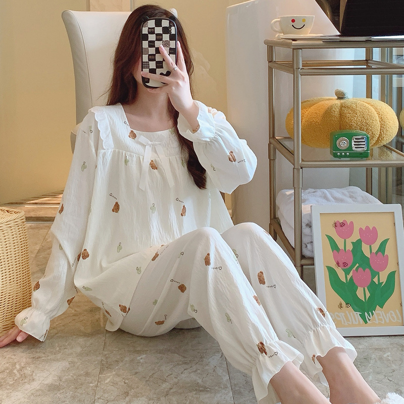 2026 Autumn Pajamas Women's Double Long Pullover Lace Square Neck Sweet Princess Wind Cloud Cotton Plaid and Soft Style